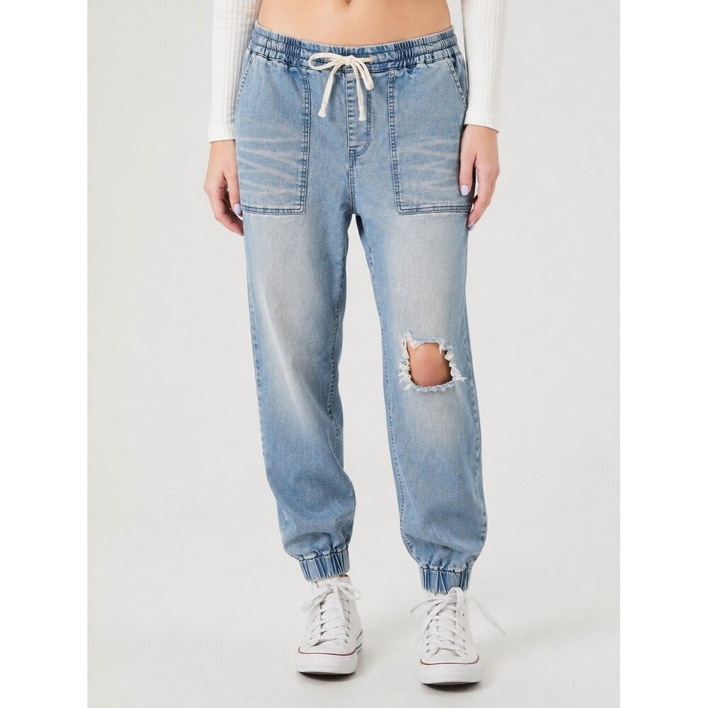 Forever 21 Denim Jogger Jeans Womens Large Distressed Drawstring Elastic Ankle